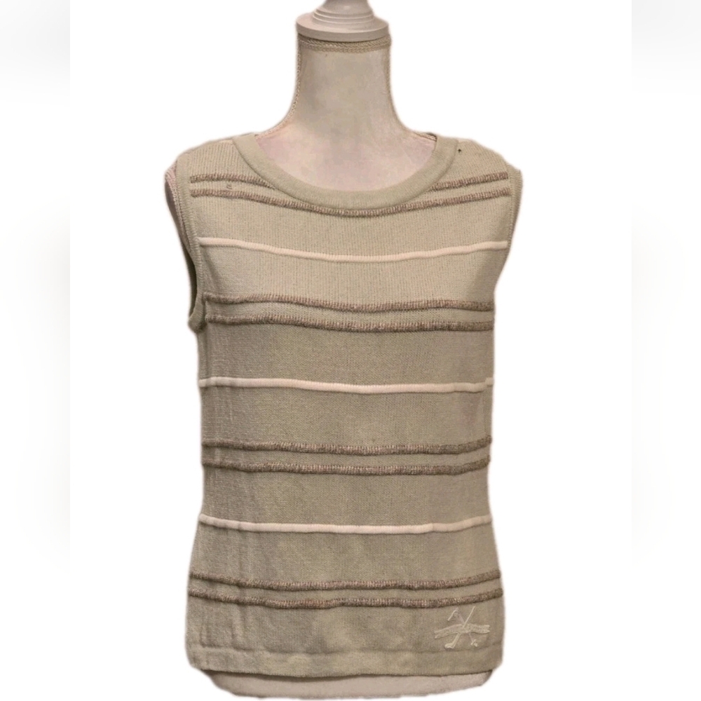 St John Marie Gray Knit Sweater Womens Small Light Green Striped Sleeveless